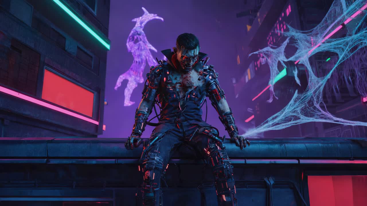 Cybernetic Vampire in a Neon Cityscape