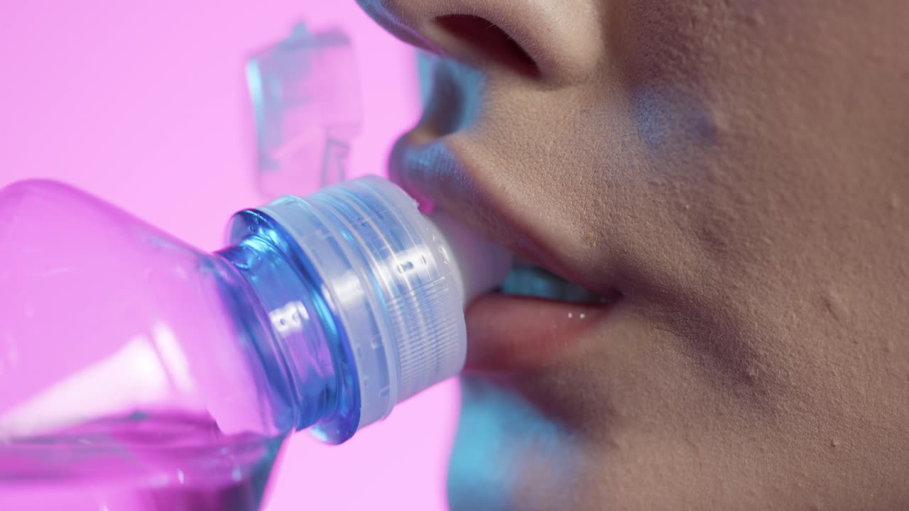 cerca de la boca de la mujer bebiendo agua de una botella de plástico con labios húmedos y fondo rosa, toma de estudio