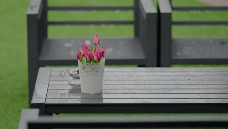 pink tulips in a white decorative pot placed on a wet wooden table surrounded by outdoor furniture, after a rain