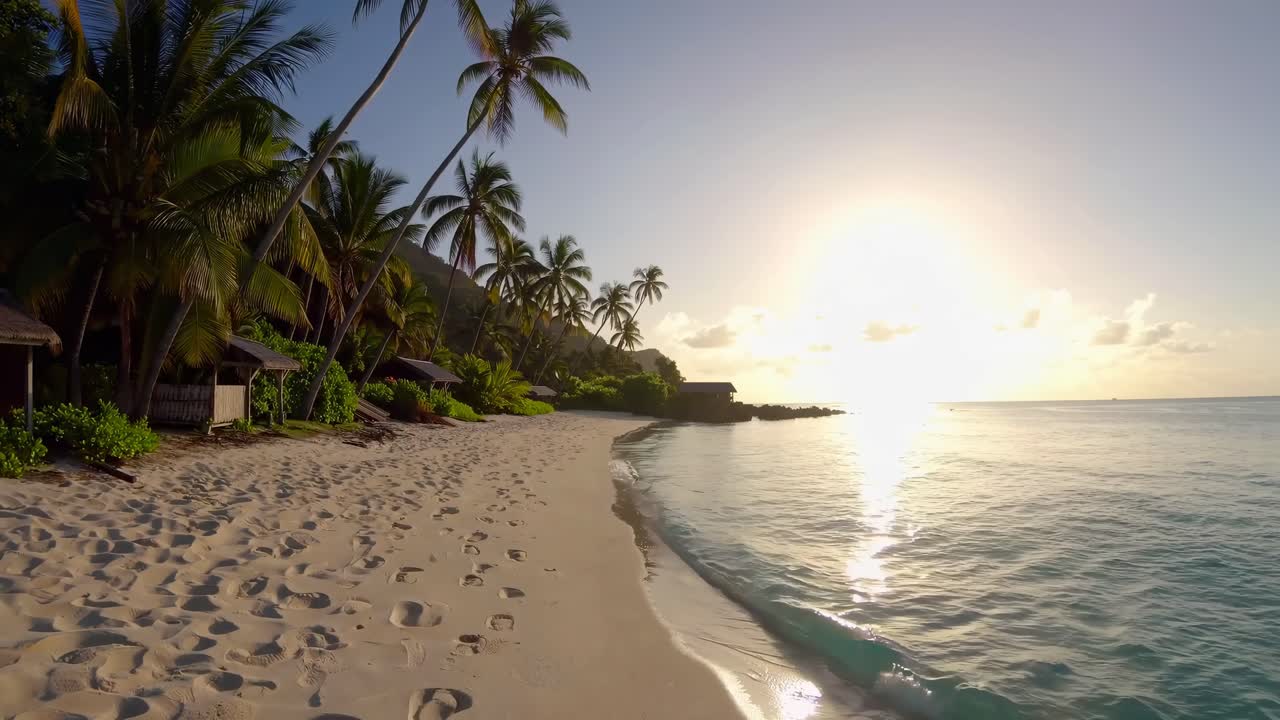 Um vídeo sereno de praia que captura uma vista em grande angular de uma costa tropical ao nascer do sol, com palmeiras.