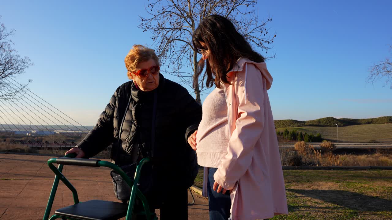 Elderly woman rubbing belly of pregnant granddaughter talking in park on sunny day