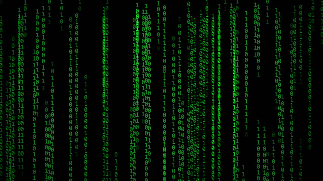 Green binary code cascading vertically in digital matrix style on dark background