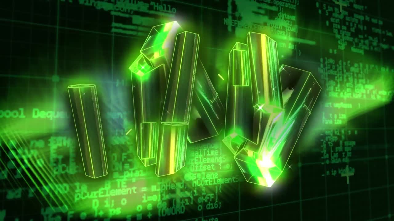 анимация 3d баров над сетчатым рисунком против компьютерного языка и квадратов на заднем плане