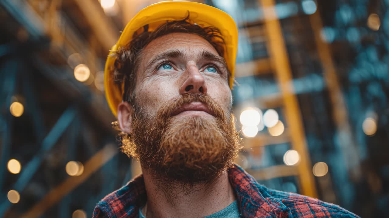 A focused construction worker in a hard hat gazes upwards, embodying determination and commitment amidst industrial surroundings filled with glowing lights