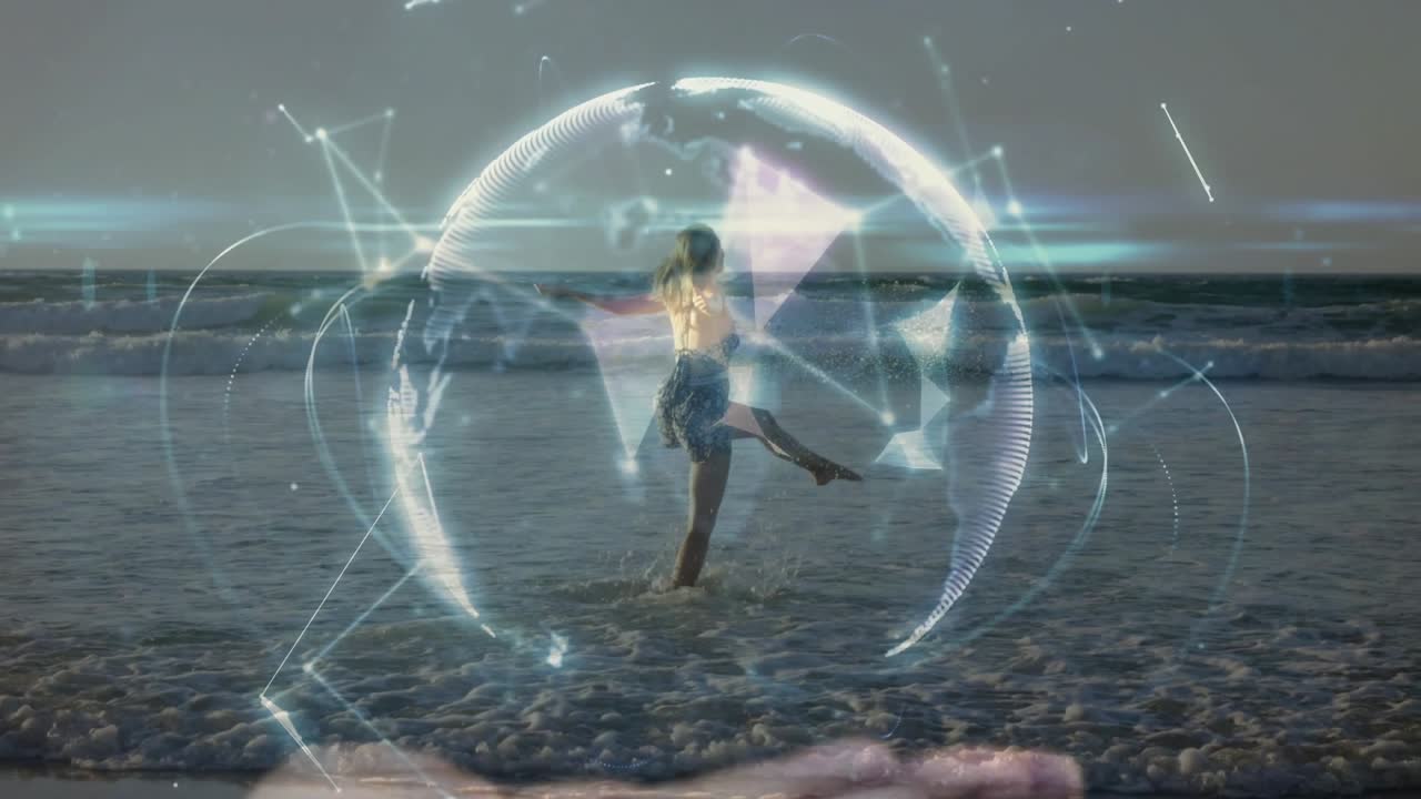 Woman stepping into surf initiating light fragments linking into globe network in technology demo