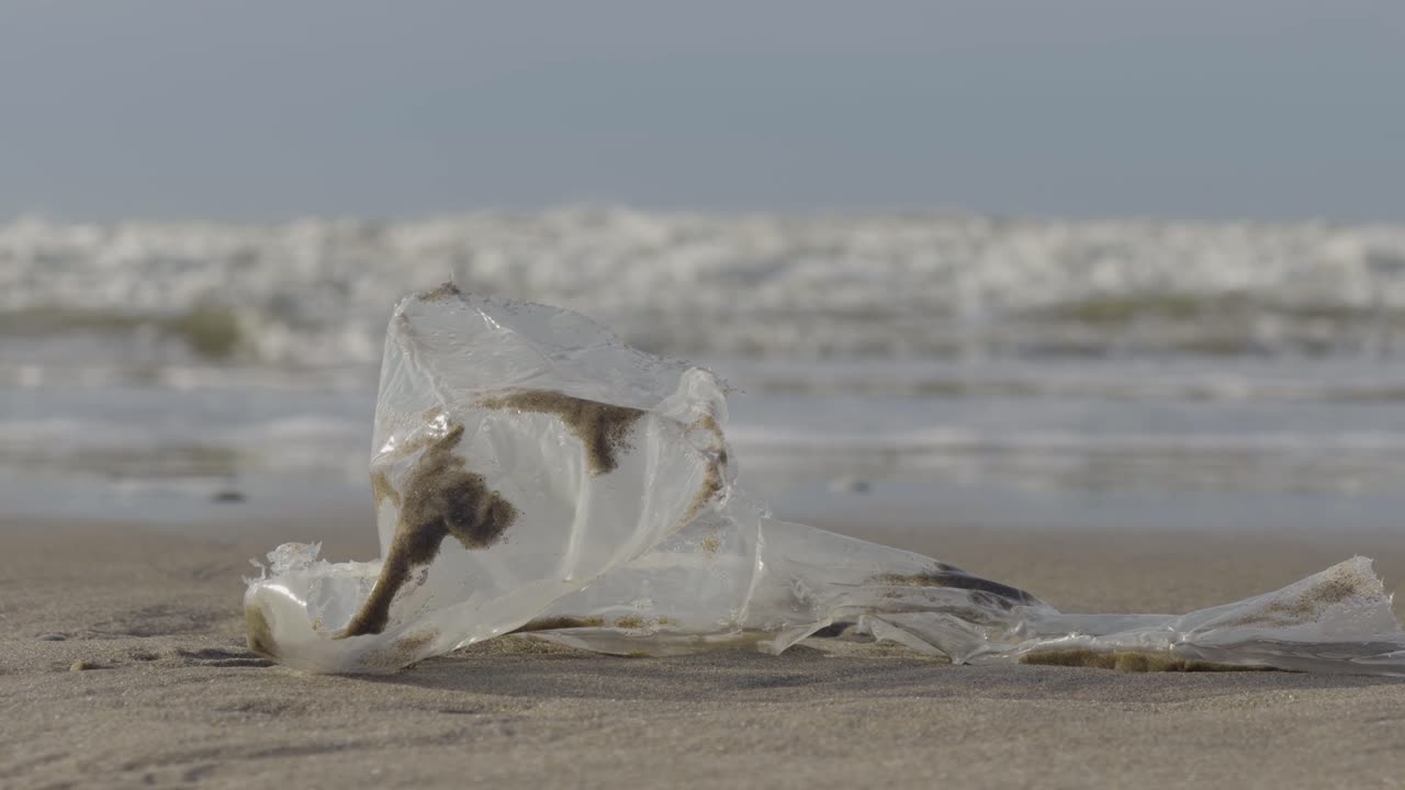Close-up of a plastic bag lying on a beach shoreline, representing pollution and environmental damage