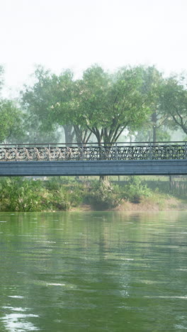 serene bridge over calm river in misty park