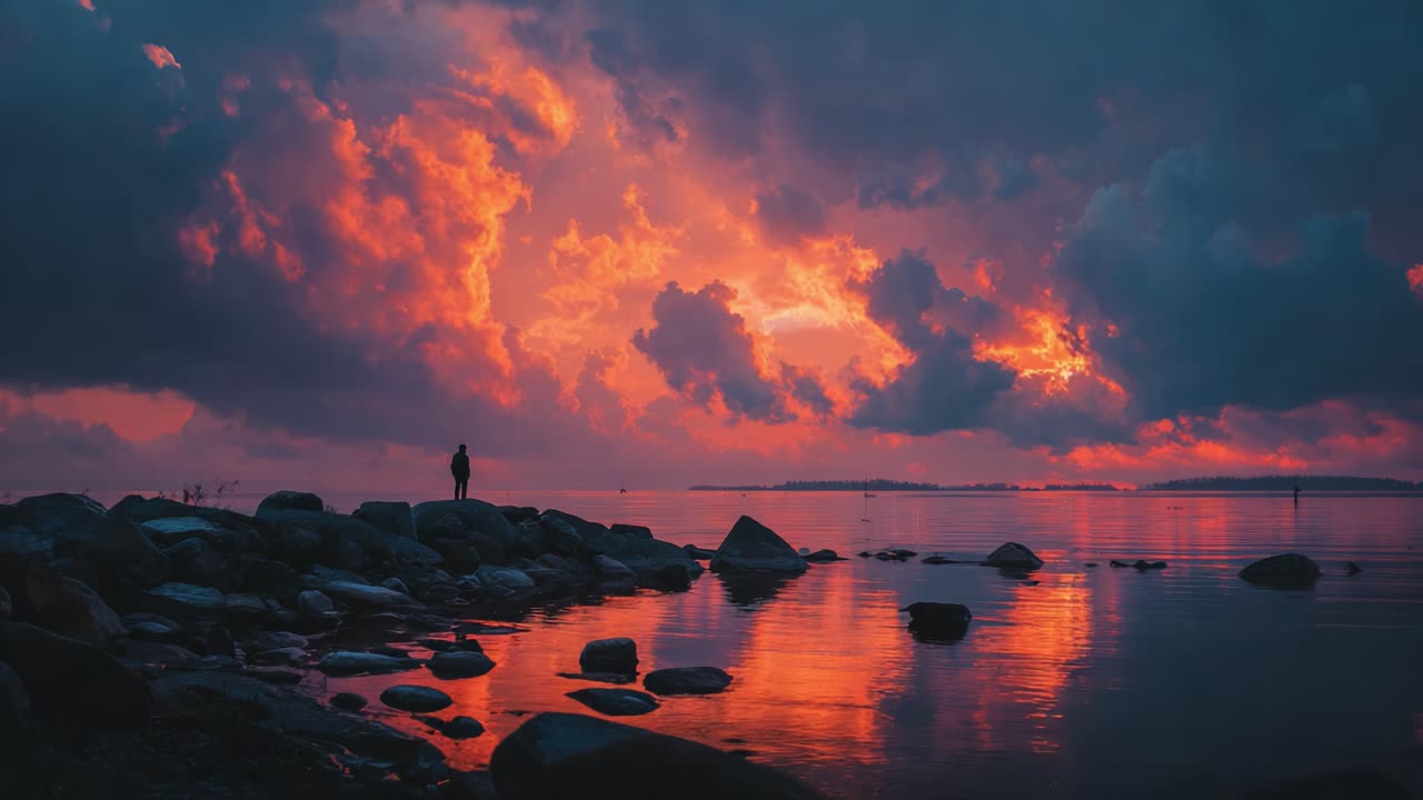 Una figura solitaria in piedi su una costa rocciosa con un tramonto mozzafiato, colori vivaci che si riflettono sulla superficie dell'acqua tra una drammatica formazione di nuvole