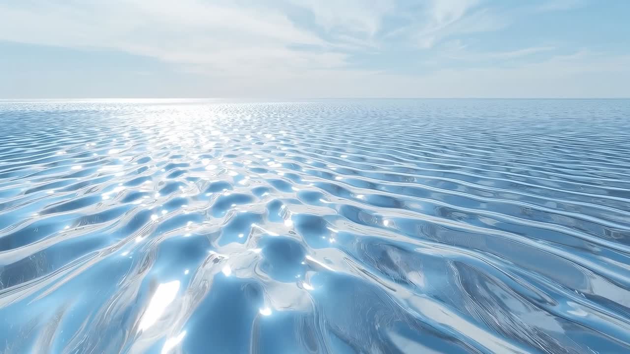 Superficie dell'acqua increspata e scintillante che riflette il sole luccicante vicino all'orizzonte in mare aperto, nuvole sottili
