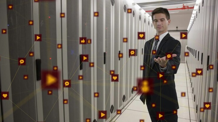 Businessman Interacting with Digital Social Media Network in Server Room
