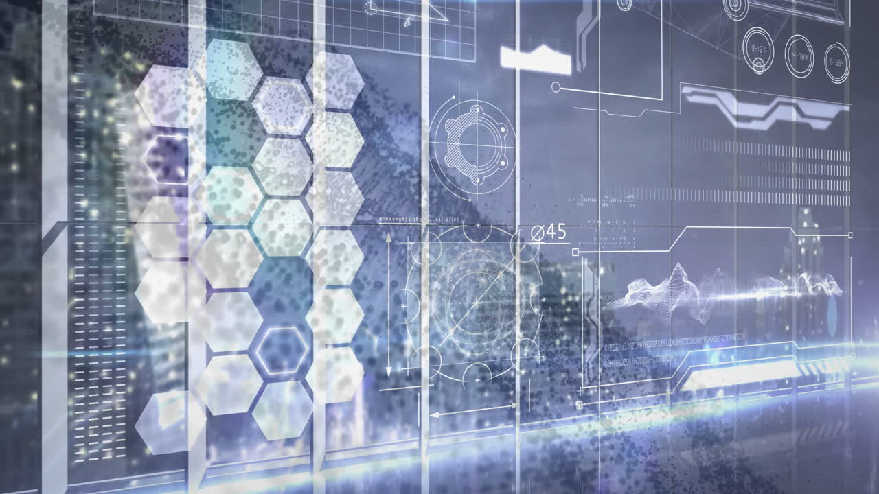 In school, animation of futuristic digital interface with hexagons and graphs