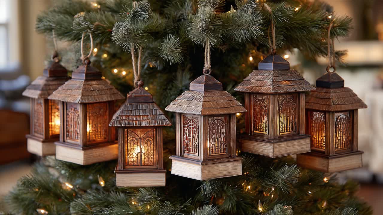 A Collection of Beautifully Crafted Lanterns Hanging Gracefully on a Christmas Tree, Illuminating the Holiday Spirit with Warm Glows and Rustic Charm