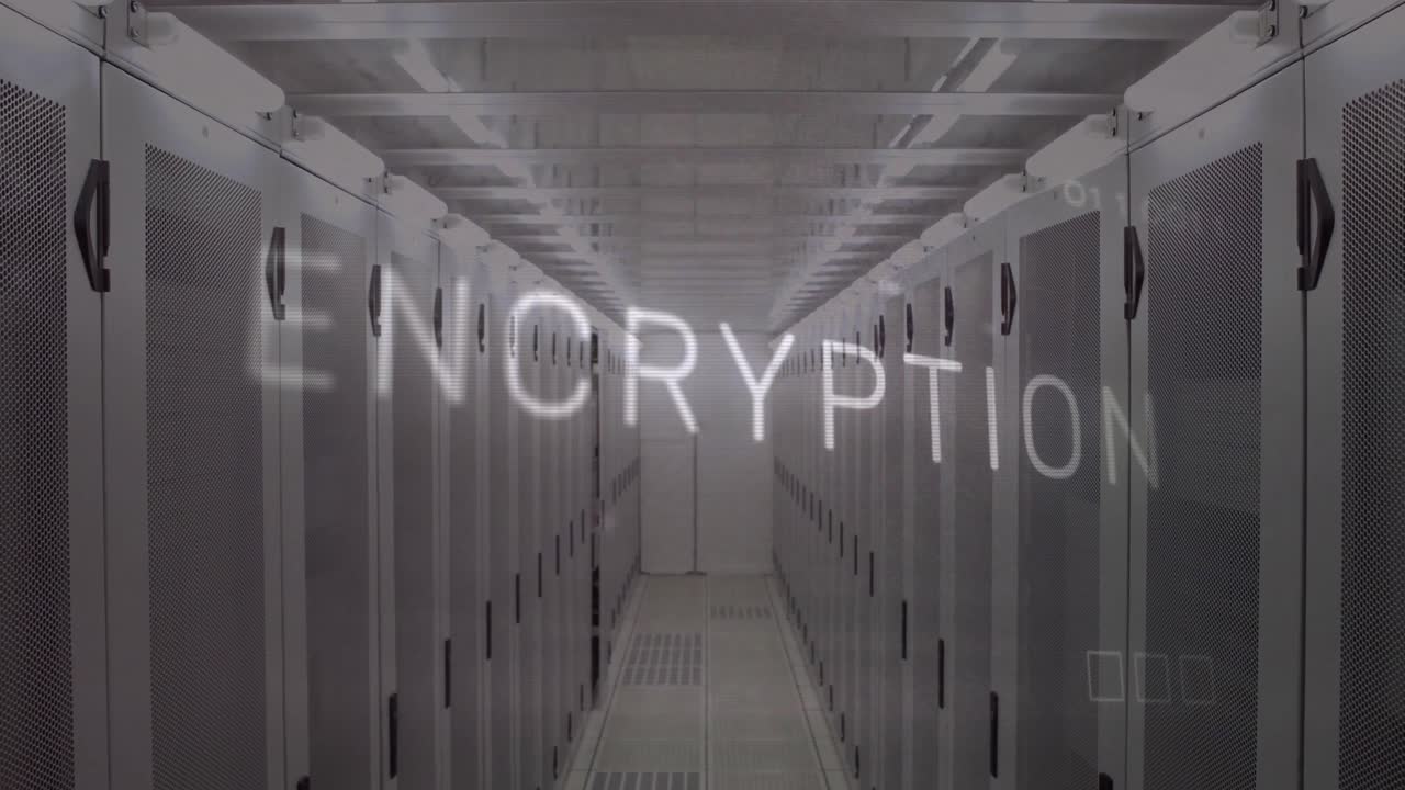 animación del texto de cifrado y el procesamiento de datos en la sala del servidor