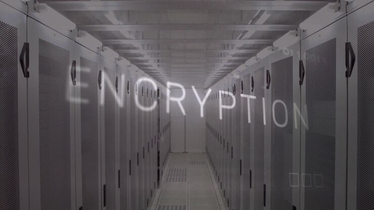 Animation of encryption text and data processing over server room