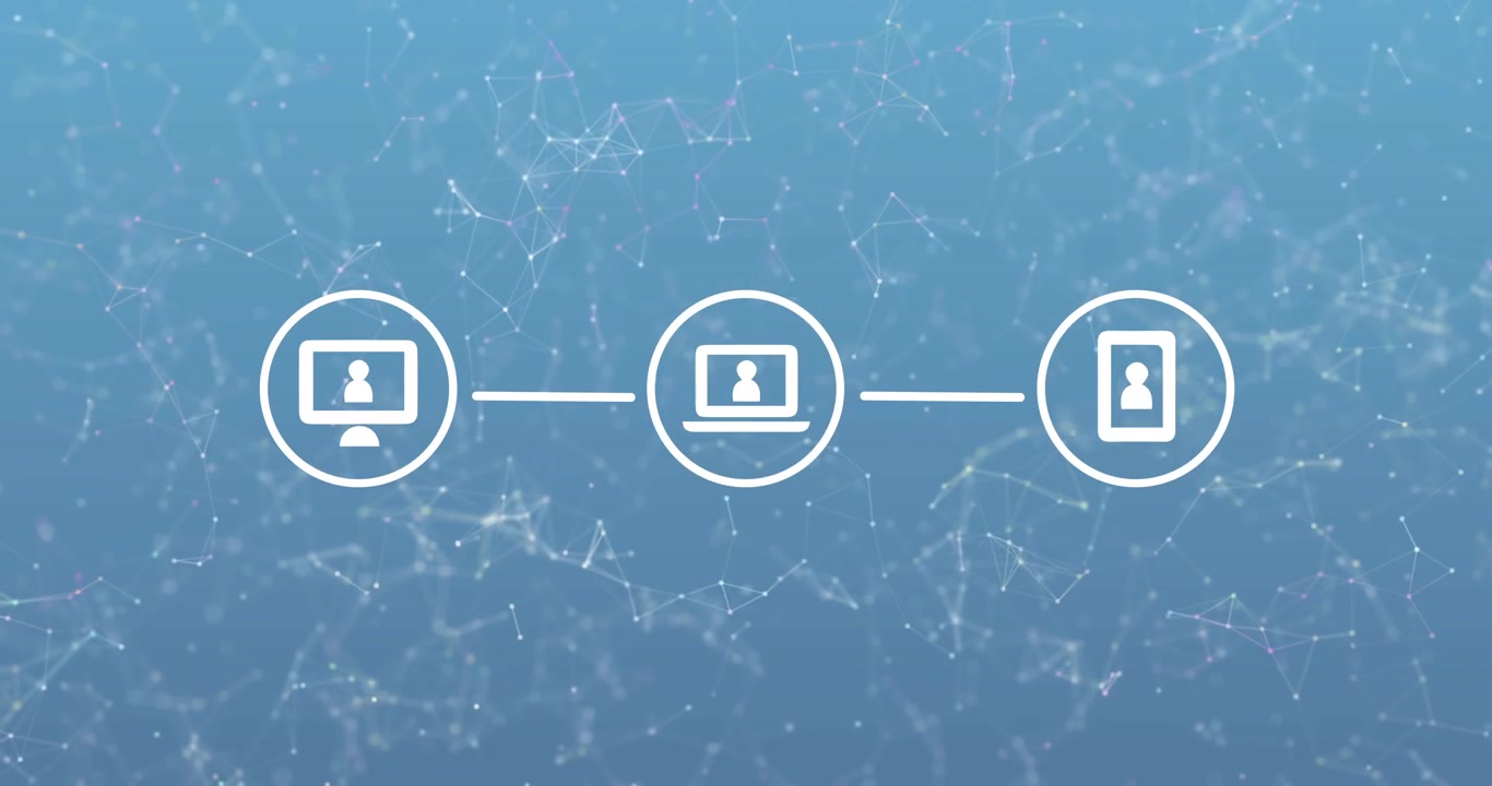 Animation of network of connections with icons on blue background