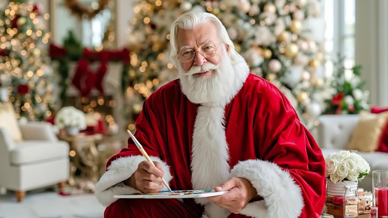 A man in a santa suit painting a picture of himself