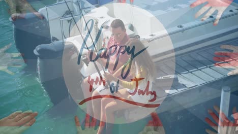 independence text over caucasian couple fishing against multiple hands on blue radial background