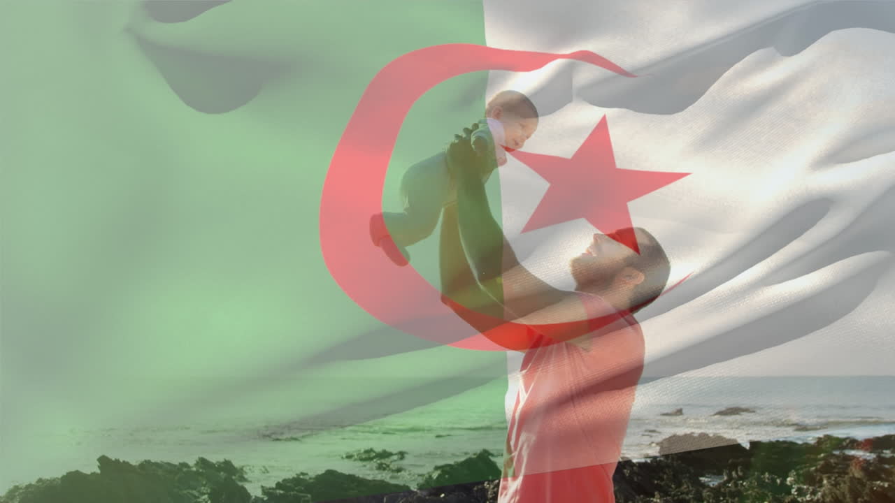 Animazione della bandiera dell'Algeria su un uomo caucasico con neonato in spiaggia