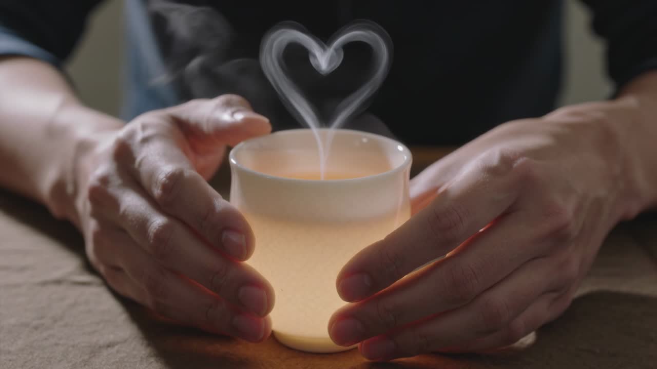 暗いシャツを着た人物が茶色の布の上で曇りガラスのカップを両手で包み込み手を温め、湯気がハートの形になって立ち上る。