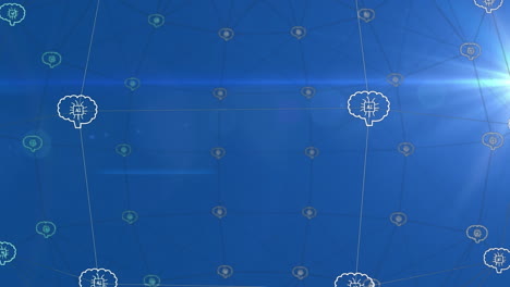 animación de un texto en iconos cerebrales conectados sobre las bengalas de la lente contra un fondo azul