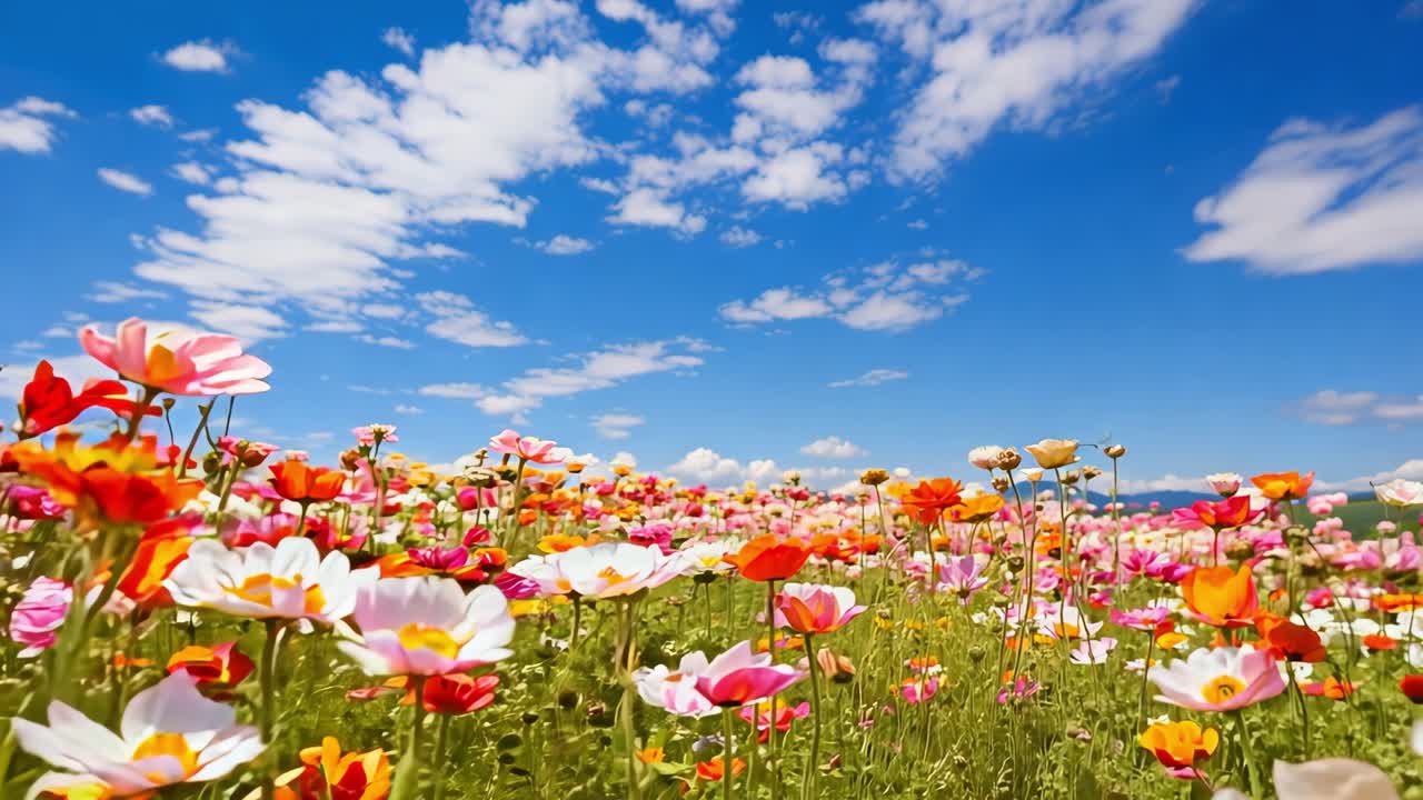 Colorful flower meadow gently swaying under expansive azure sky, soft wind caressing vibrant blossoms in serene, picturesque landscape bathed in warm sunlight