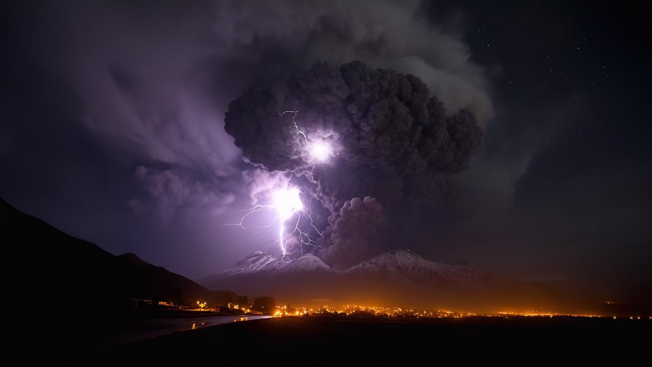A Fiery Display of Nature's Fury: A Volcanic Eruption Illuminated by Lightning Against a Night Sky, Capturing the Awesome Power of Earth's Natural Forces
