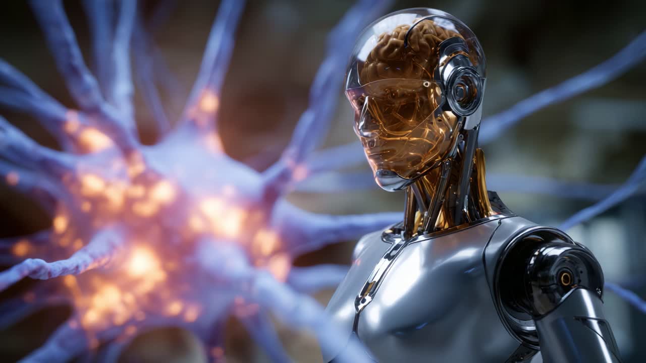 Robot futuristico con cervello traslucido e connessioni neurali, che mostra tecnologia avanzata e intelligenza artificiale in un'accattivante scena ravvicinata