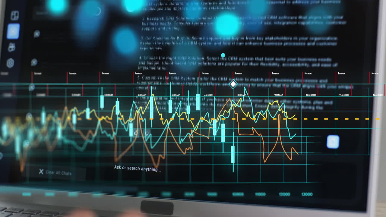 Animation of financial data processing over black background
