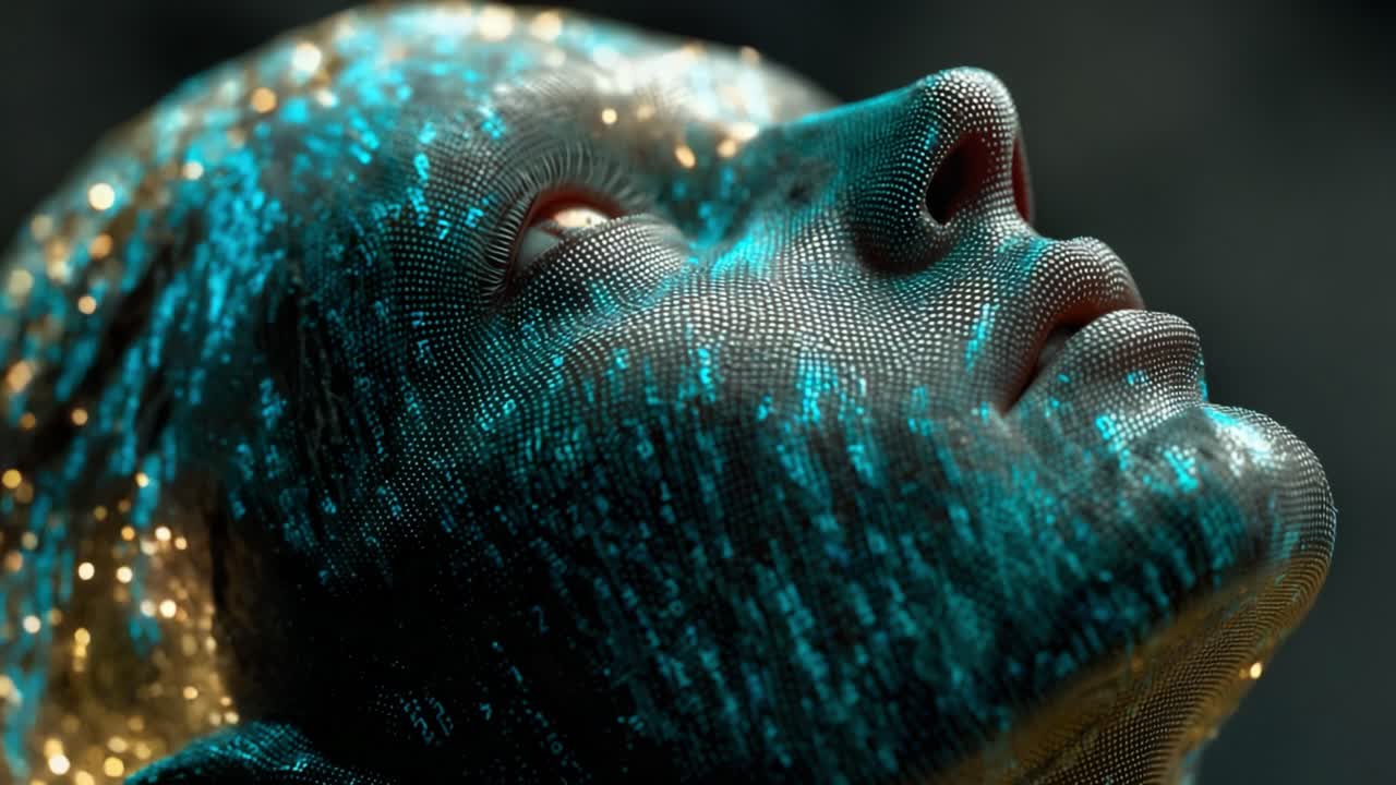 Close up of a surreal human like face made of countless glowing particles, looking upward and representing concepts of digital consciousness, artificial intelligence, and futuristic innovation