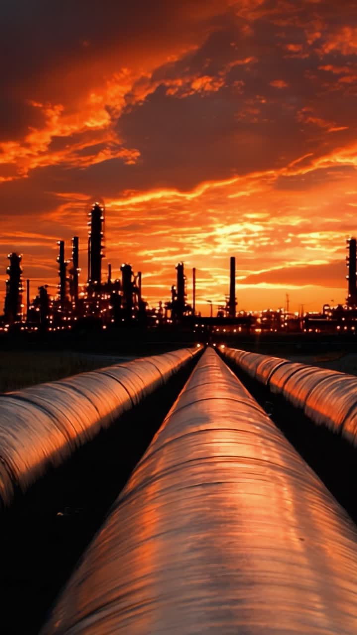 Un Impresionante Atardecer Industrial Sobre Tuberías: Vista Cautivadora de Ductos que Conducen a un Extenso Paisaje de Refinería Bajo Colores Dramáticos del Cielo.
