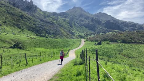 vista estática de una mujer caminando por un sendero en el épico valle montañoso verde rural de asturias, españa