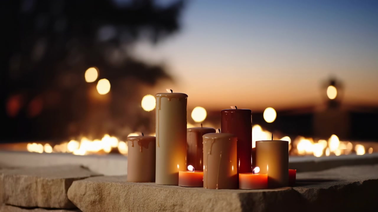 Vista ravvicinata di candele a colonna raggruppate poggiate su una sporgenza di pietra texturizzata nella luce del crepuscolo, che mostrano fiamme che bruciano costanti, gocce di cera lucide, cera accumulata e un delicato bagliore caldo in un ambiente esterno sereno.