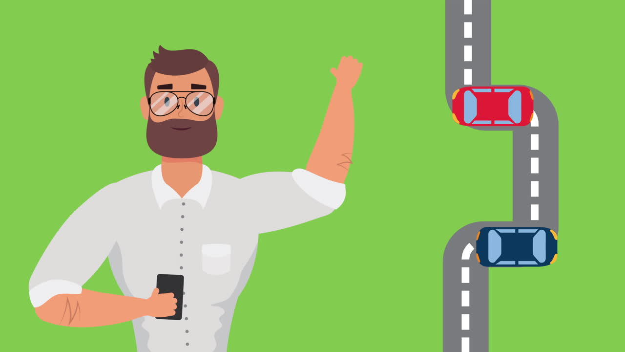 도로와 자동차와 함께 스마트폰을 사용하는 사업가