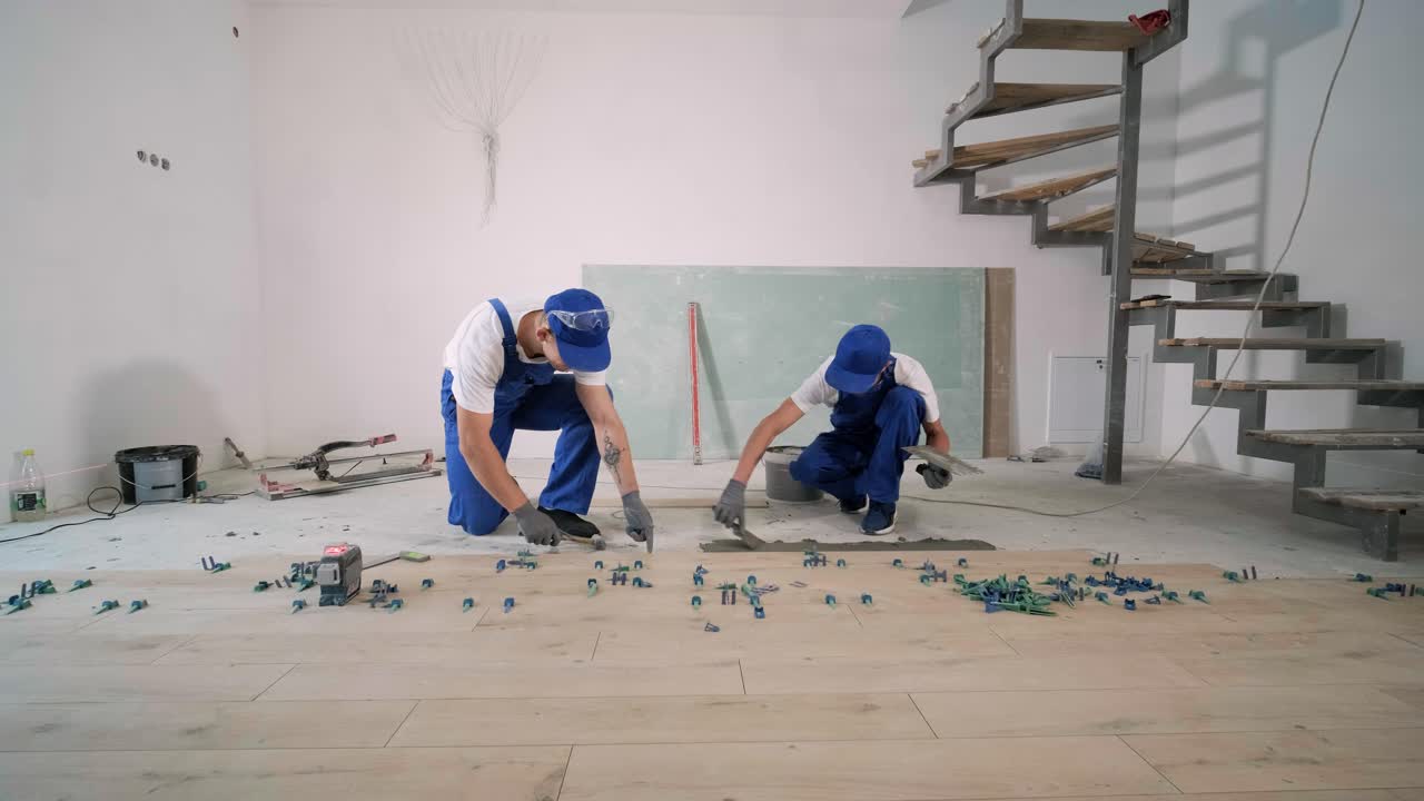 Installing ceramic floor tiles - measuring and cutting the pieces. Construction, renovation, repair apartment. Cuts tile. Tile cutting