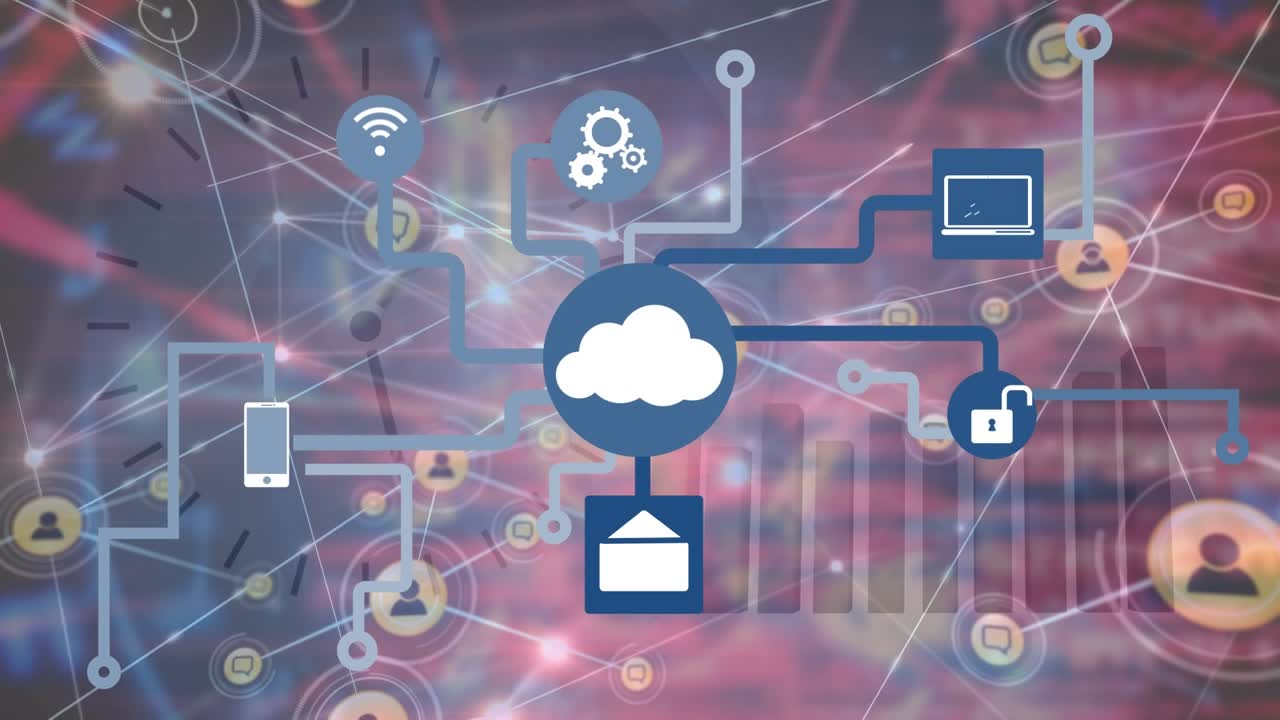 Animation of network of connections with icons over data processing