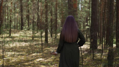 girl with crossbow walks across green forest backside view