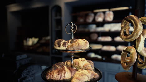 close-up of croissants and pretzels in a bakery