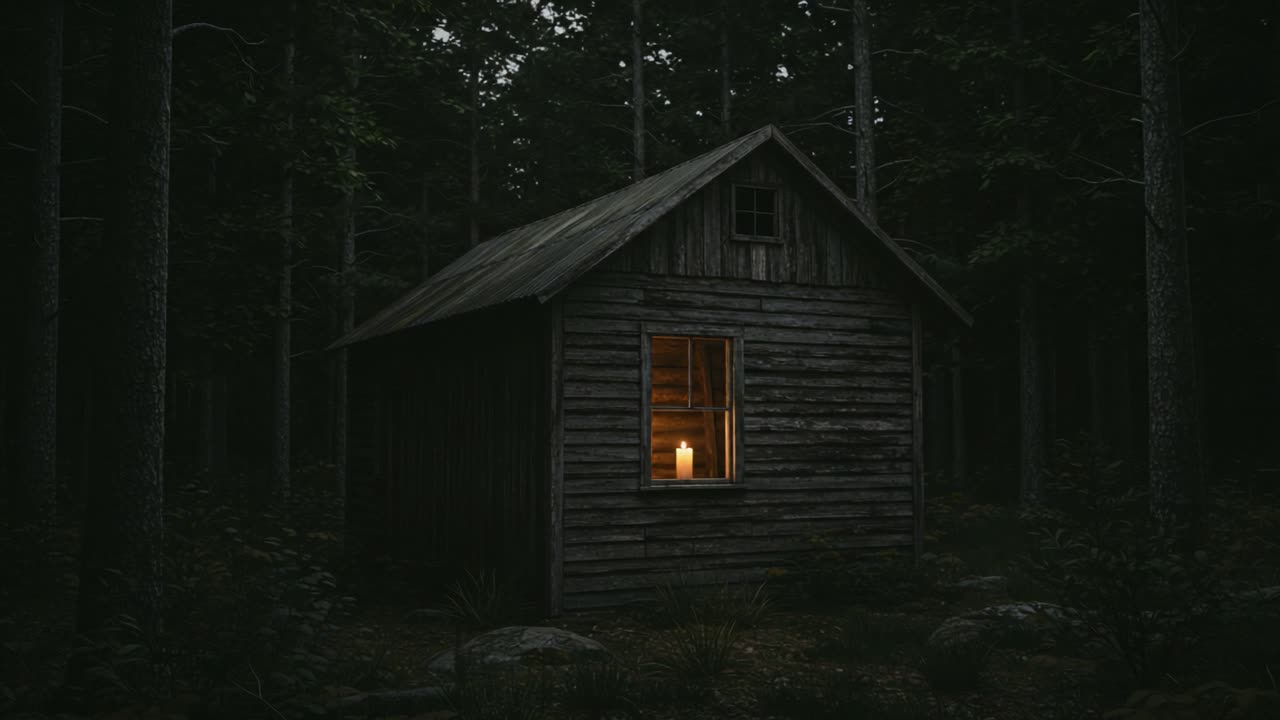 Mysterious Wooden Cabin Surrounded by Dark Forest Illuminated by Soft Candlelight in the Window, Capturing an Enigmatic Atmosphere at Dusk