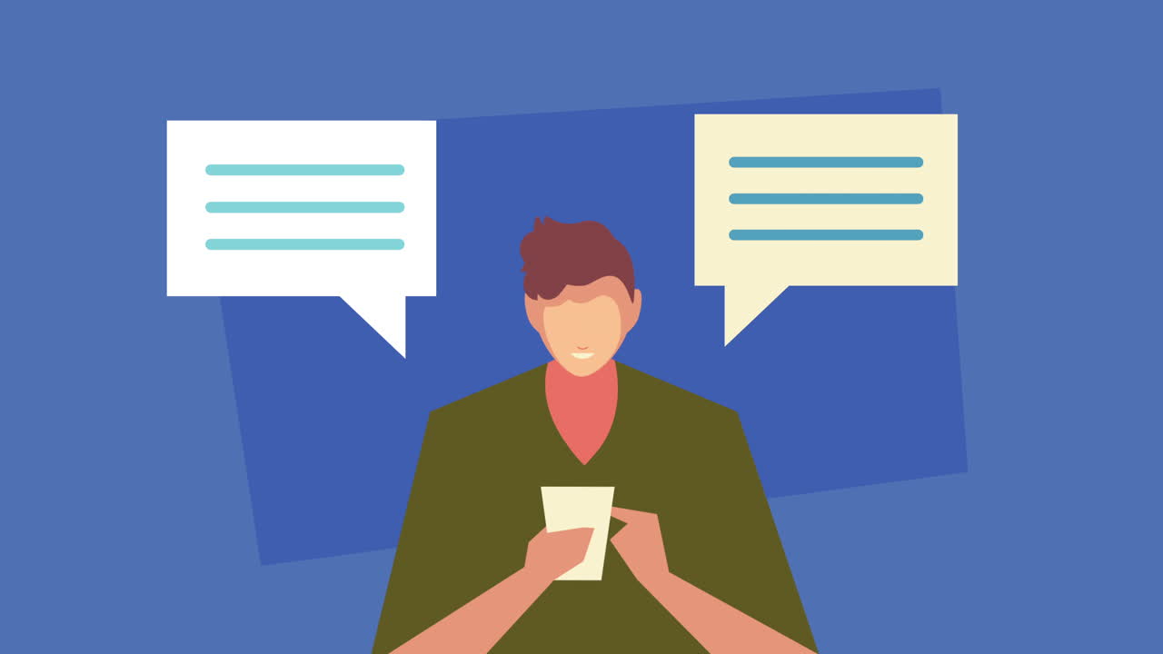 채팅 버블을 가진 스마트폰을 사용하는 젊은 남자