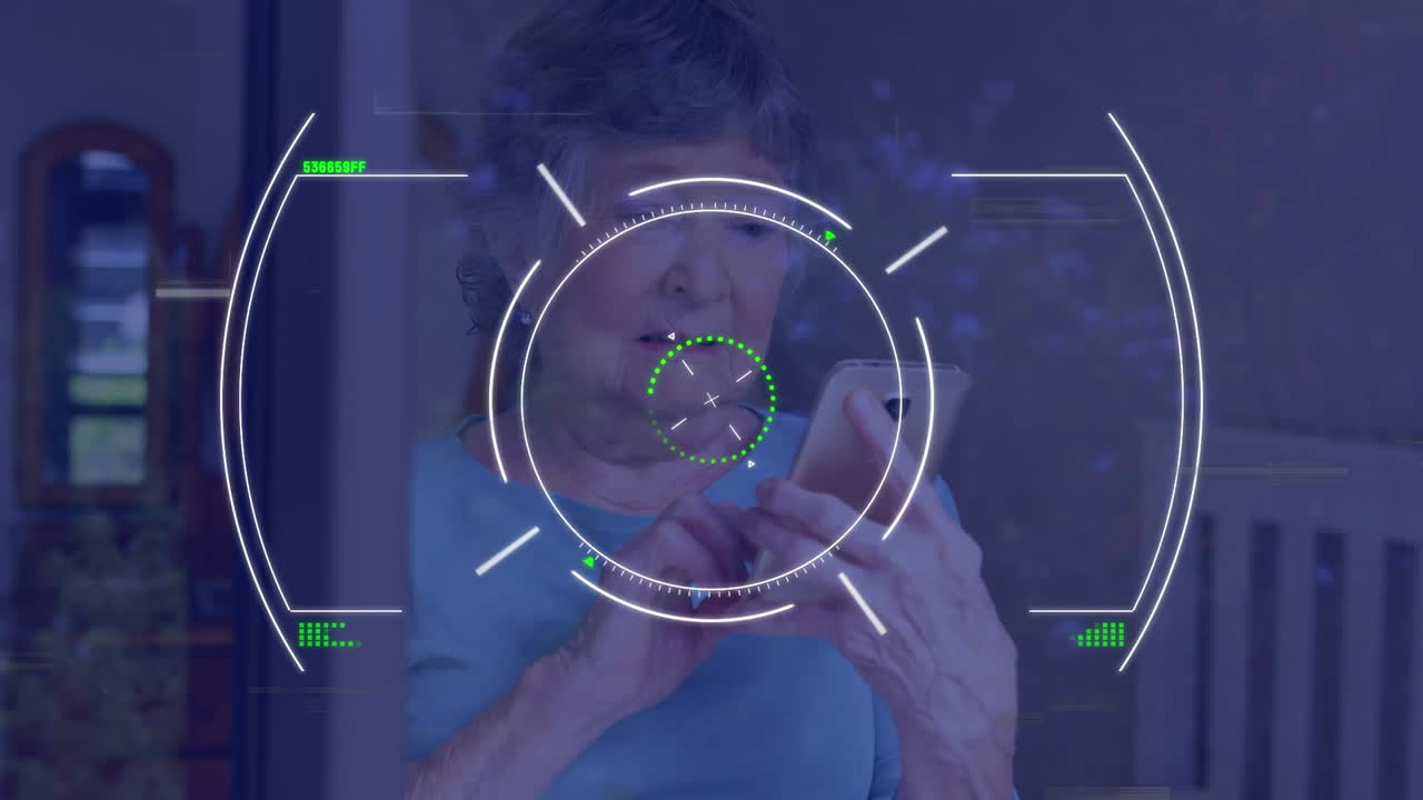 Animation of viewfinder and glitch over senior caucasian woman using smartphone