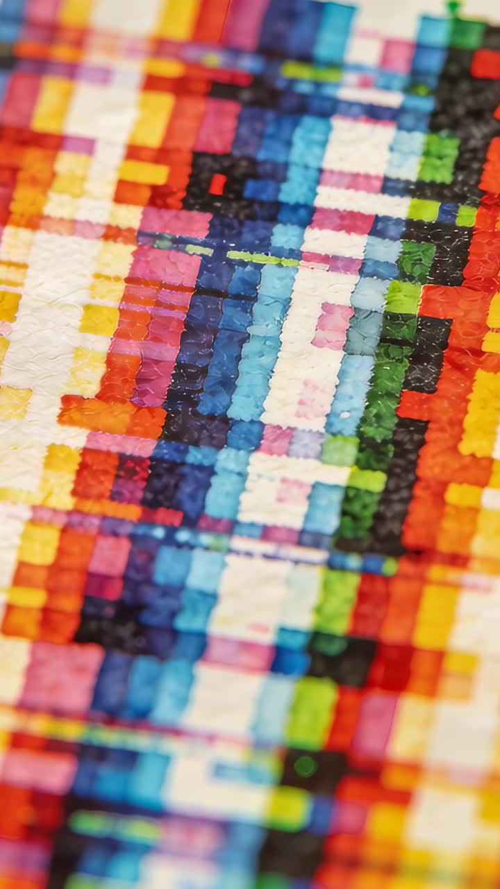 Vídeo vertical: Câmera iniciando movimento panorâmico, revelando uma tela de pixels texturizada na mesa, mostrando blocos táteis.