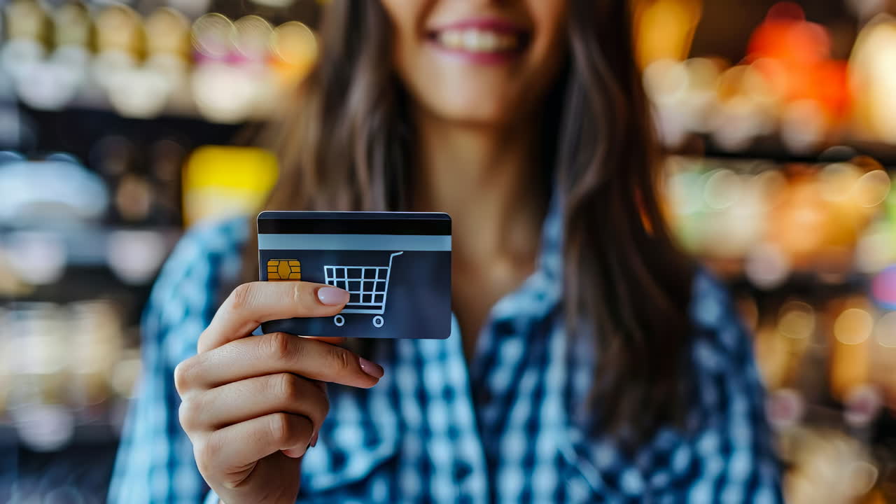 Woman holding a shopping card in store. Smiling woman shows a payment card in a bright store, ready to shop for various items on the shelves