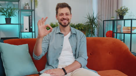 Happy-cheerful-young-man-looking-approvingly-at-camera-showing-ok-gesture,-positive-like-sign