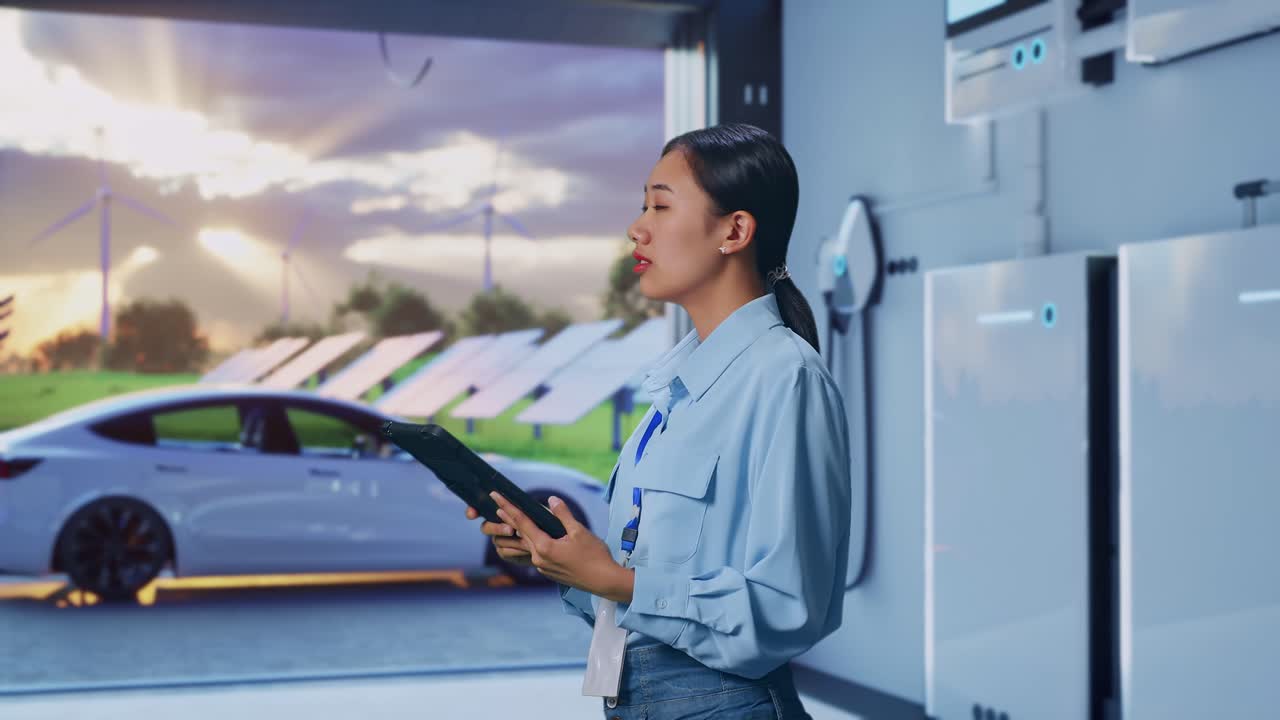 Side View Of Asian Female Professional Worker With Home Energy Storage System In a Modern Garage, Observes By Looking Up Before She Come To Concentrating On The Tablet And Keep On Checking
