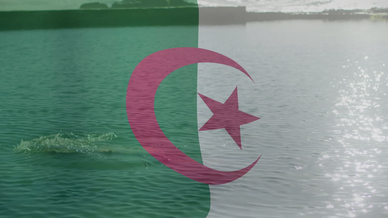 Algerian flag animation overlaying serene water with gentle ripples in motion