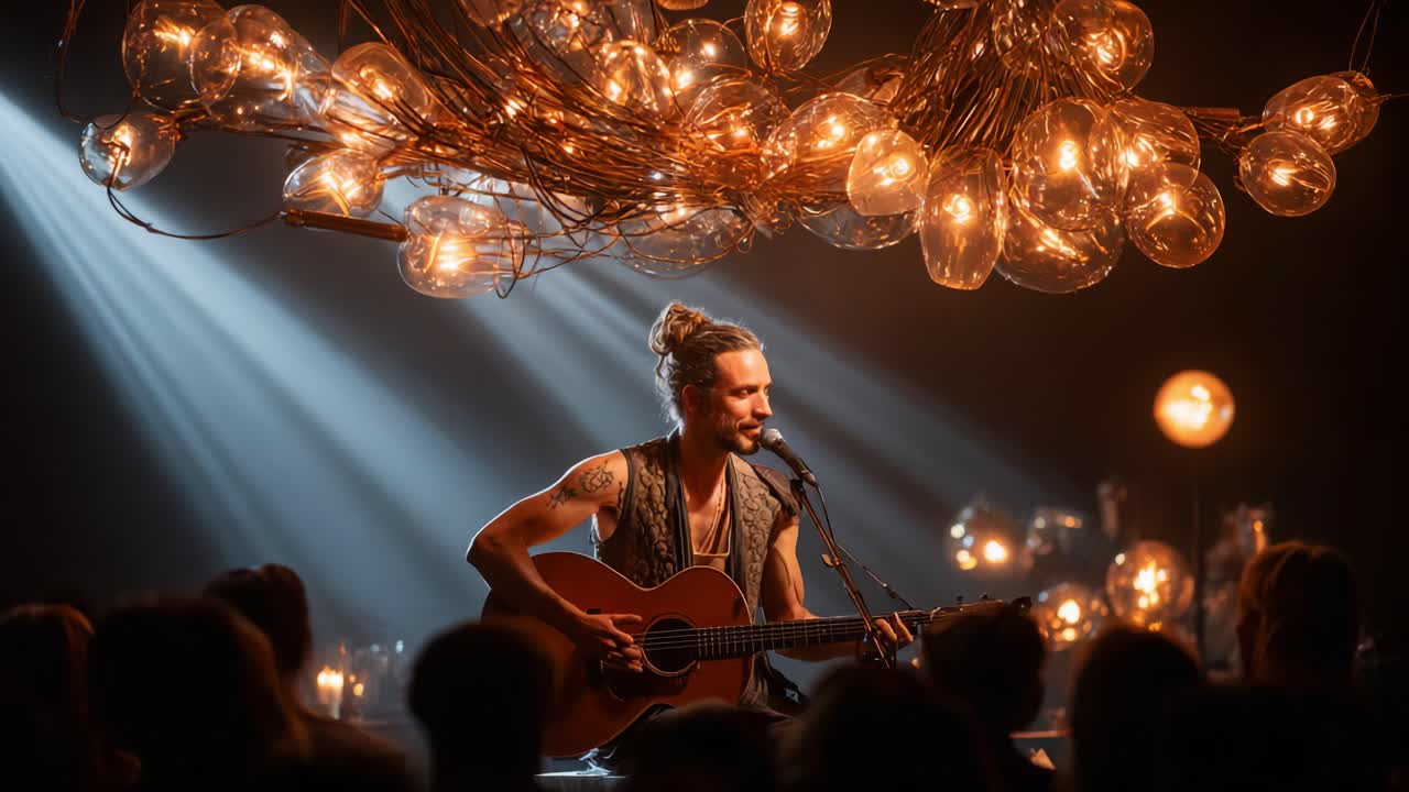 An Intimate Acoustic Performance: A Solo Musician Playing Guitar Under Warm Lighting With Guests Captivated by the Melodic Sounds in a Cozy Atmosphere