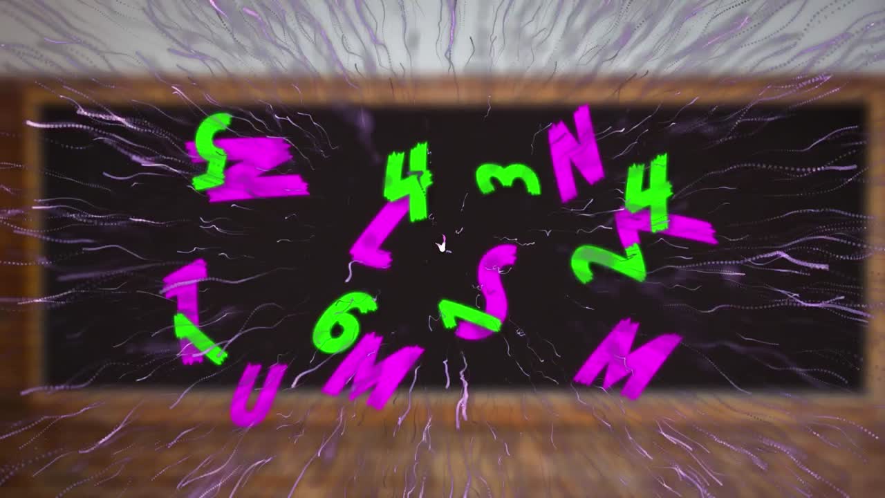 Animation of changing green numbers and pink letters and firework over classroom chalkboard