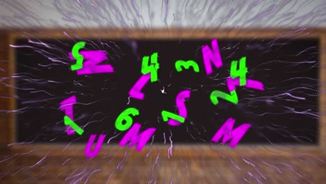 Animation-Von-Wechselnden-Grünen-Zahlen-Und-Rosa-Buchstaben-Und-Feuerwerk-über-Der-Tafel-Im-Klassenzimmer