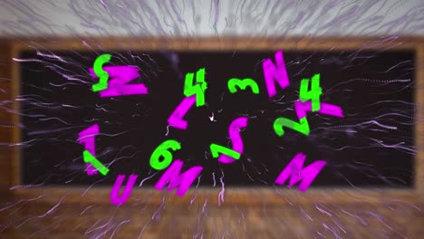 animation of changing green numbers and pink letters and firework over classroom chalkboard