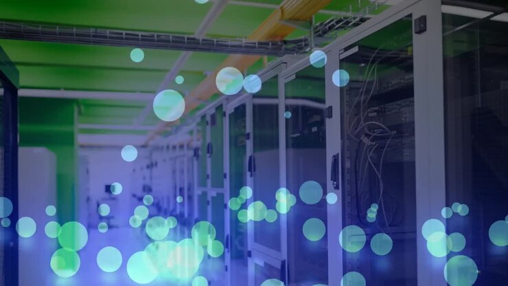Animation of lights and dots floating over servers